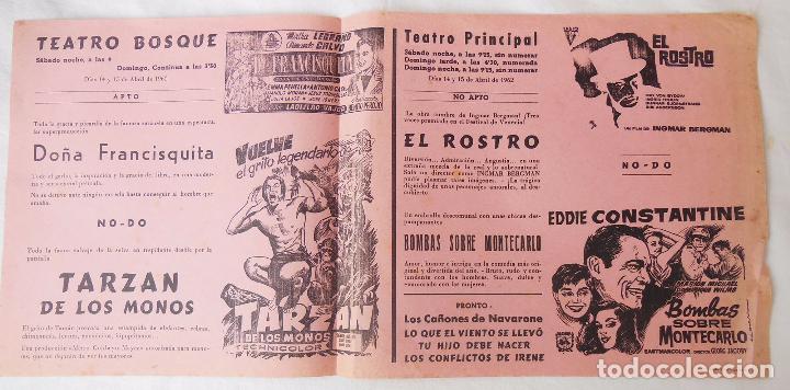 Cinema: DO&Ntilde;A FRANCISQUITA; TARZ&Aacute;N DE LOS MONOS; EL ROSTRO; BOMBAS SOBRE MONTECARLO. Villanueva y Geltr&uacute; 1962