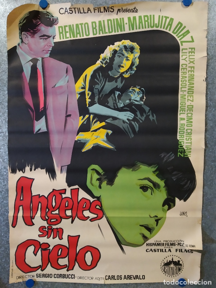 Cin&eacute;ma: &Aacute;ngeles sin cielo. Renato Baldini, Marujita D&iacute;az, F&eacute;lix Fern&aacute;ndez. POSTER ORIGINAL LITOGRAFICO