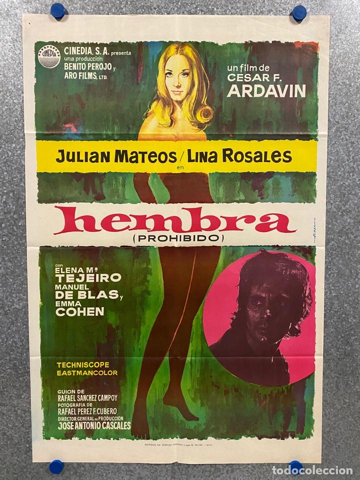Cinema: Hembra (Prohibido). ADRIANO DOM&Iacute;NGUEZ, ELENA MAR&Iacute;A TEJEIRO, EMMA. A&Ntilde;O 1970. POSTER ORIGINAL