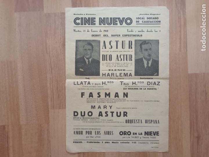 Cine: CARTEL CINE NUEVO 1940. SALUDO A FRANCO. DUO ASTUR,ELENCO HARLEMA, FASMAN, BARCELONA?