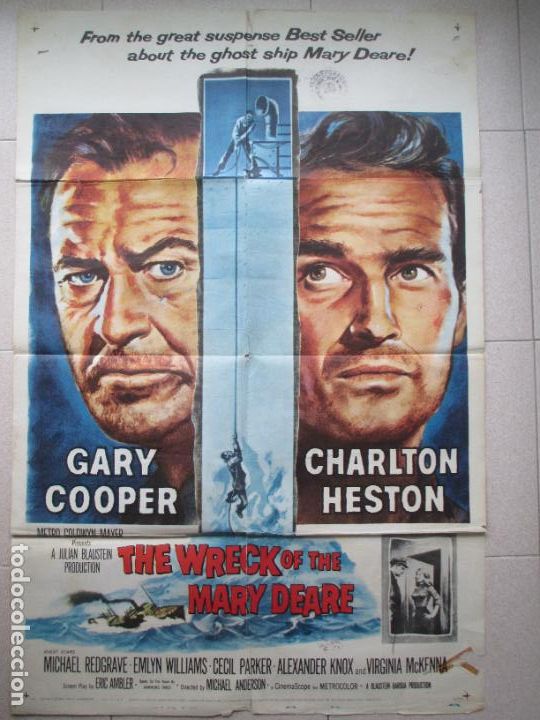 Kino: CARTEL CINE MISTERIO EN EL BARCO PERDIDO GARY COOPER CHARLTON HESTON 1959 U.S.A C2255