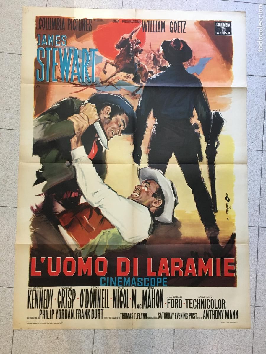 Cine: ICJ 023 EL HOMBRE DE LARAMIE JAMES STEWART ANTHONY MANN POSTER ORIGINAL ITALIANO 100X140