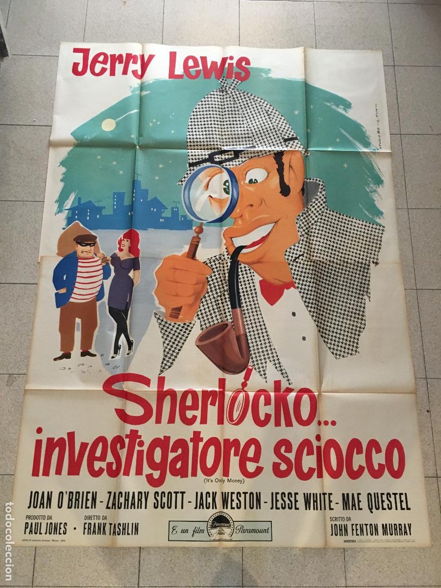 Cine: ICJ 042 QUE ME IMPORTA EL DINERO JERRY LEWIS SHERLOCK HOLMES POSTER ORIGINAL ITALIANO 140X200