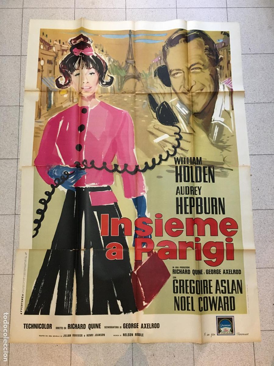 Cine: ICJ 057 ENCUENTRO EN PARIS AUDREY HEPBURN WILLIAM HOLDEN BRINI POSTER ORIGINAL ITALIANO 140x200