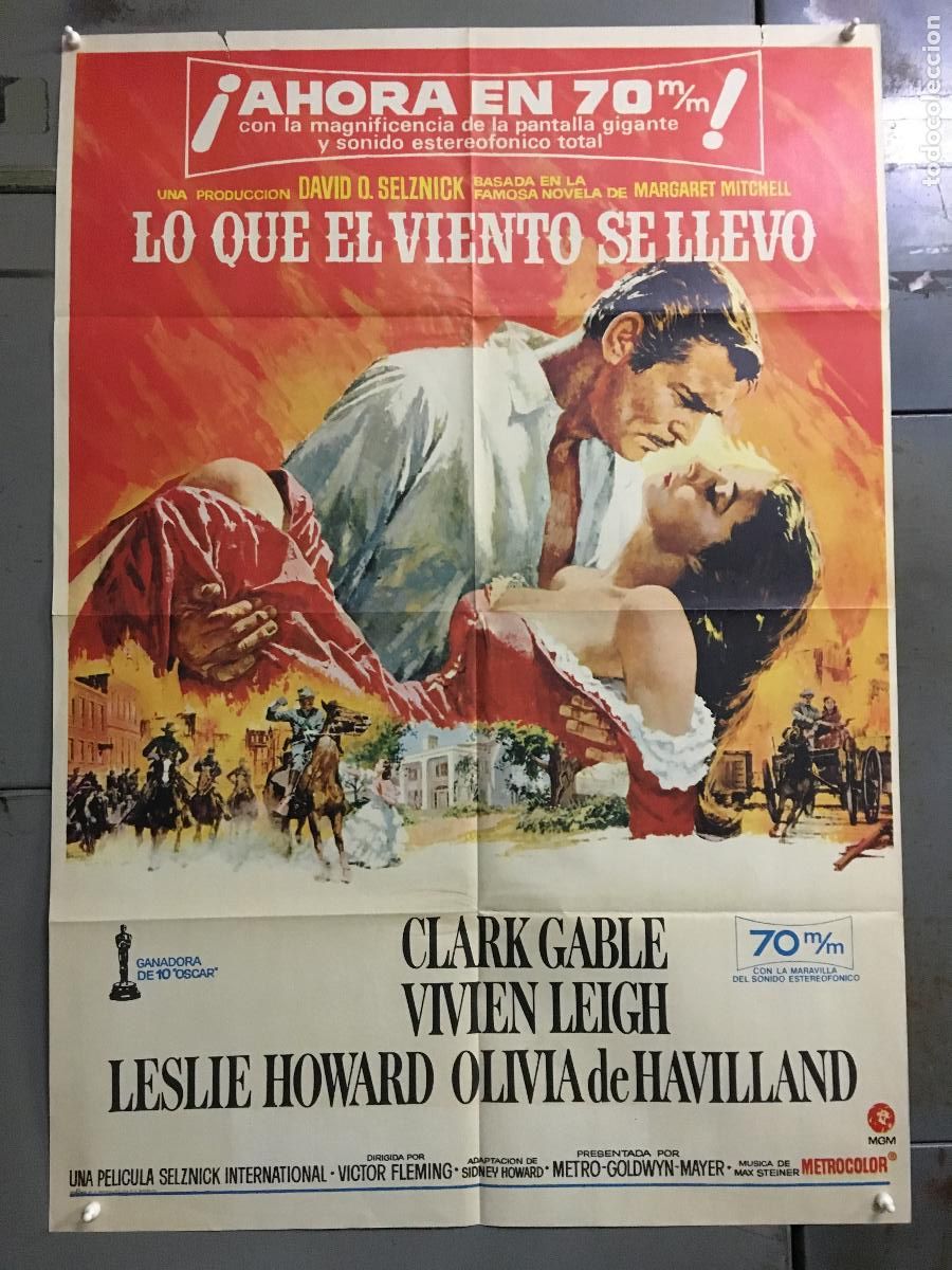 Cinema: AES83 LO QUE EL VIENTO SE LLEVO CLARK GABLE VIVIEN LEIGH 70 MM POSTER ORIGINAL 70X100 ESPA&Ntilde;OL r-70