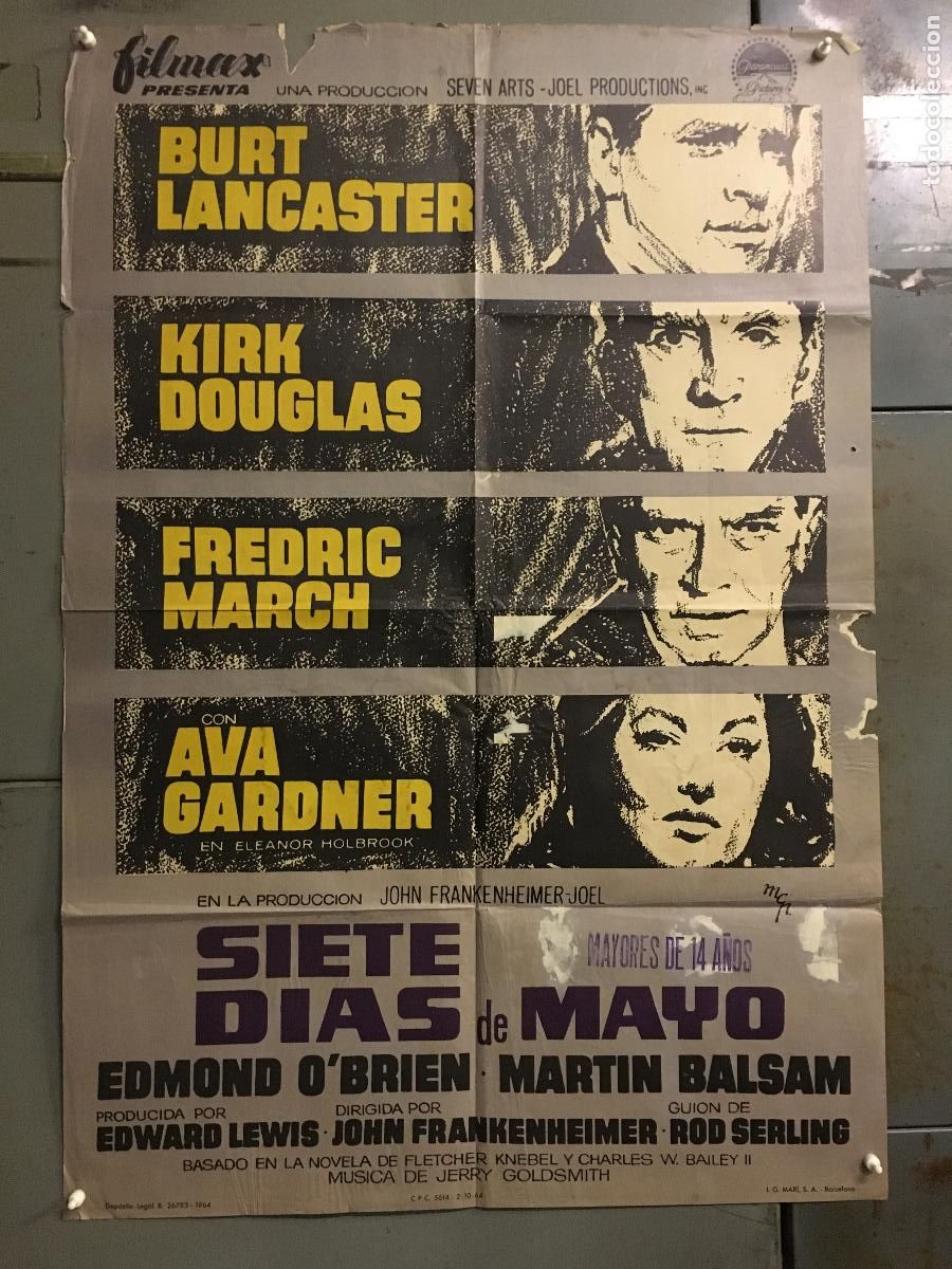Cinema: AET87 SIETE DIAS DE MAYO AVA GARDNER LANCASTER DOUGLAS POSTER ORIGINAL 70X100 ESTRENO