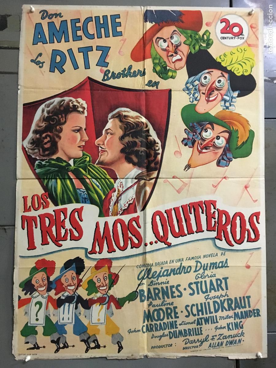 Cine: AEU66 LOS TRES MOSQUITEROS RITZ BROTHERS DON AMECHE POSTER ORIGINAL ESTRENO 70X100 LITOGRAFIA