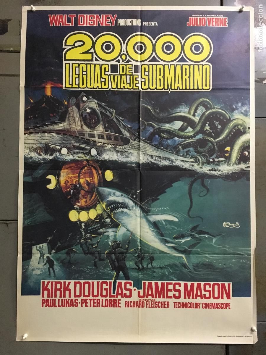 Cine: AEV32 20000 LEGUAS DE VIAJE SUBMARINO WALT DISNEY JULIO VERNE POSTER ORIGINAL 70X100 ESPA&Ntilde;OL R-76