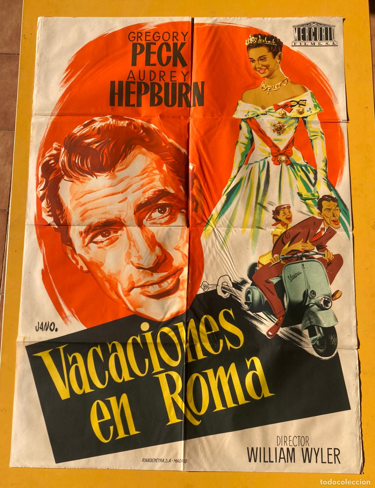 Cine: POSTER ORIGINAL, VACACIONES EN ROMA - GREGORY PECK, AUDREY HEPBURN