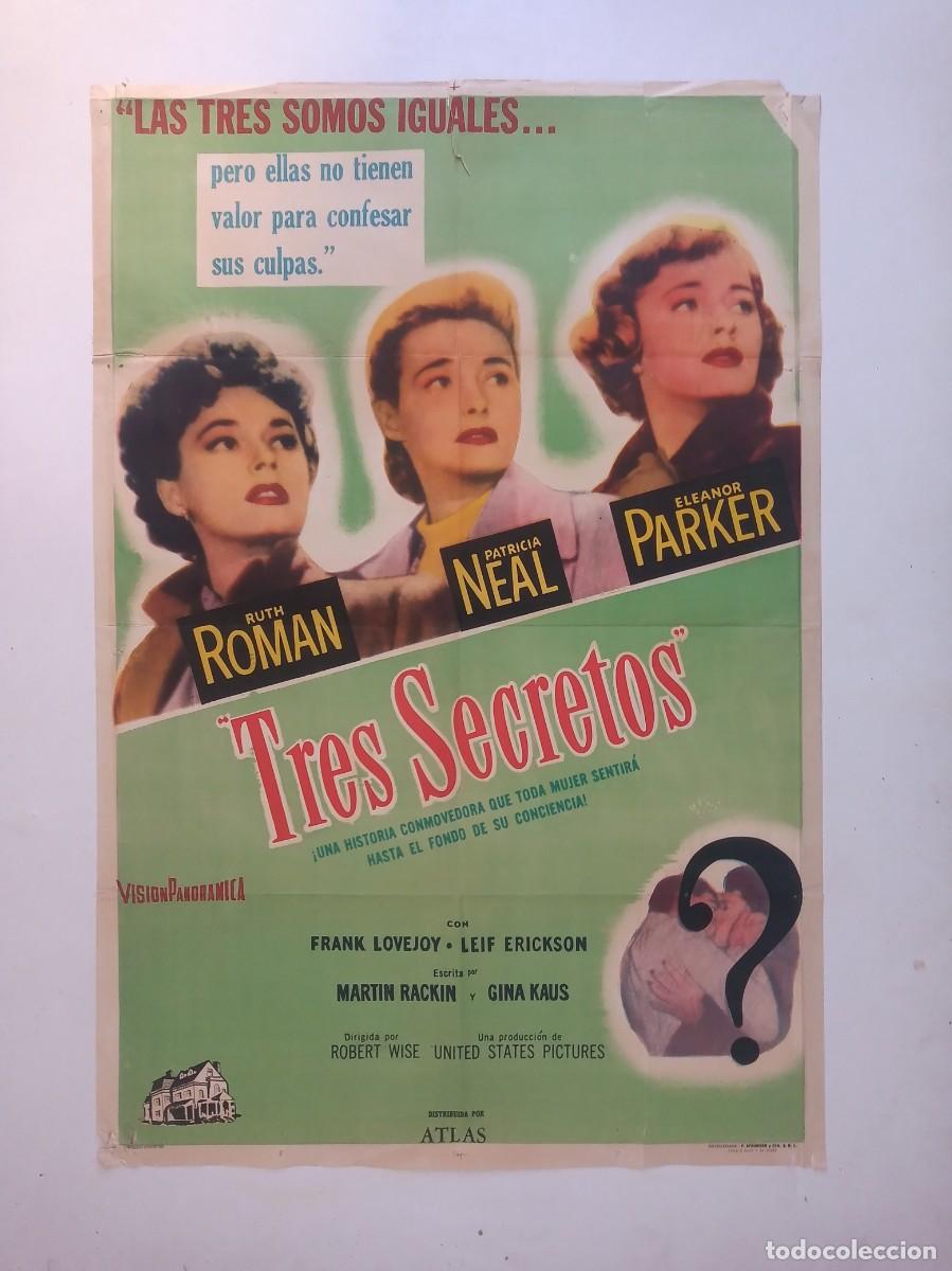 Cine: TRES SECRETOS (1950) cartel argentino 75 X 110 litografico ROBERT WISE Eleanor Parker Patricia Neal