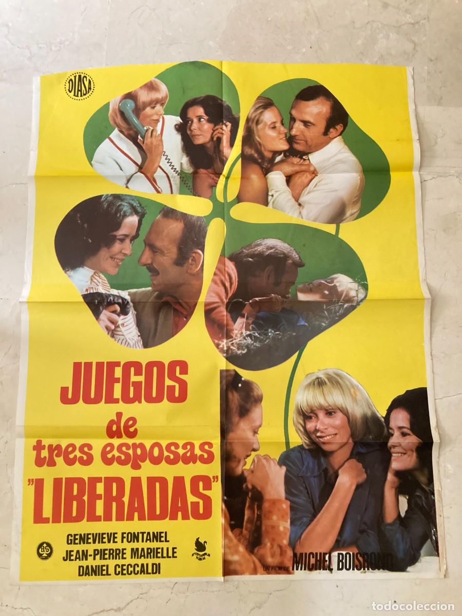 Cine: Cartel cine original JUEGO DE TRES ESPOSAS LIBERADAS (1974) 70x100 / Mireille Darc