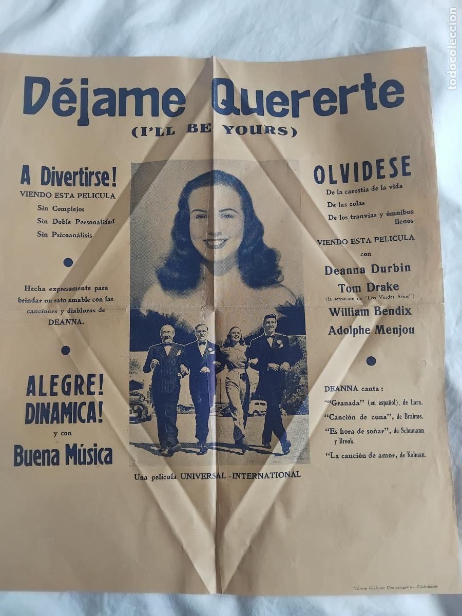 Cine: CARTEL DE CINE DEJAME QUERERTE (I'LL BE YOURS). DEANNA DURBIN / TOM DRAKE. UNIVERSAL. 38 X 45 CM