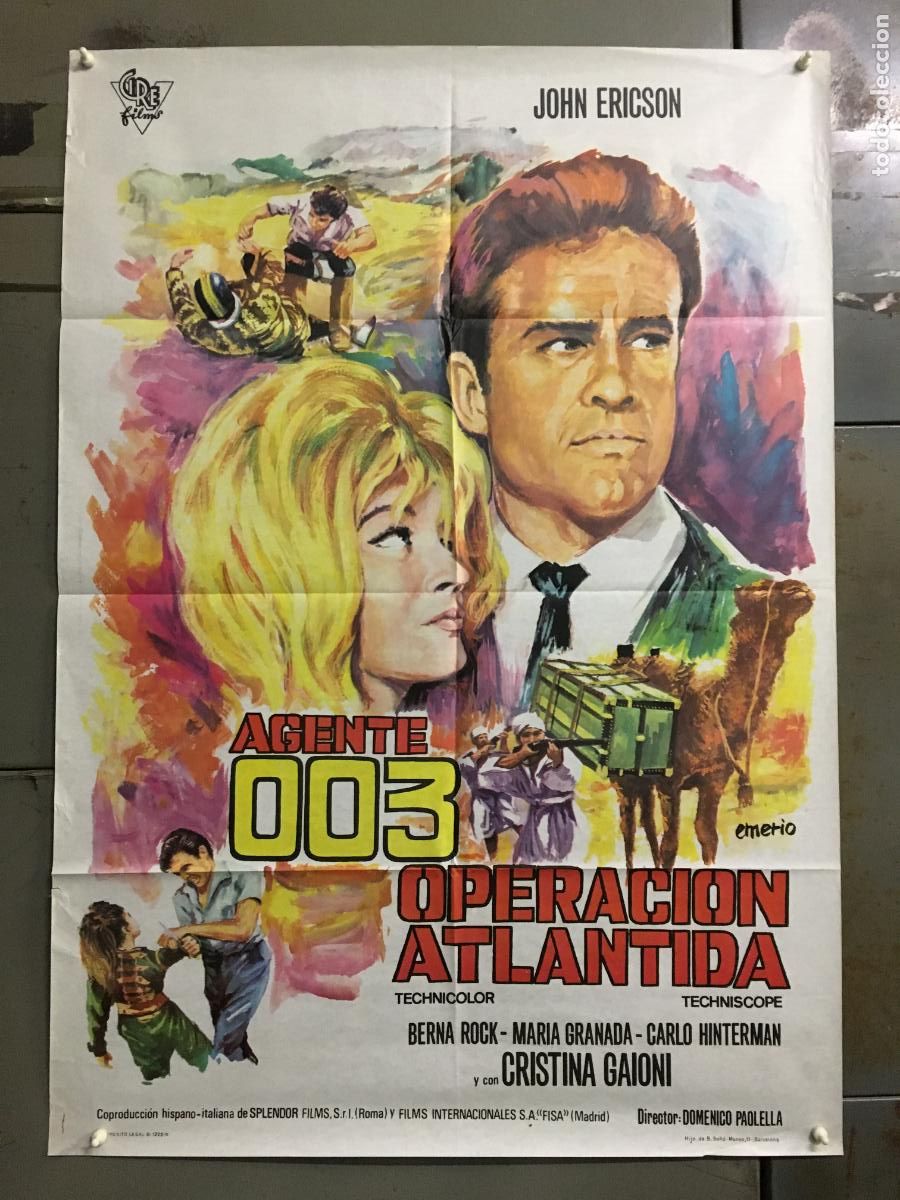 Cine: AFB92 AGENTE 003 OPERACION ATLANTIDA JOHN ERICSON EURO SPY POSTER ORIGINAL 70X100 ESTRENO h0