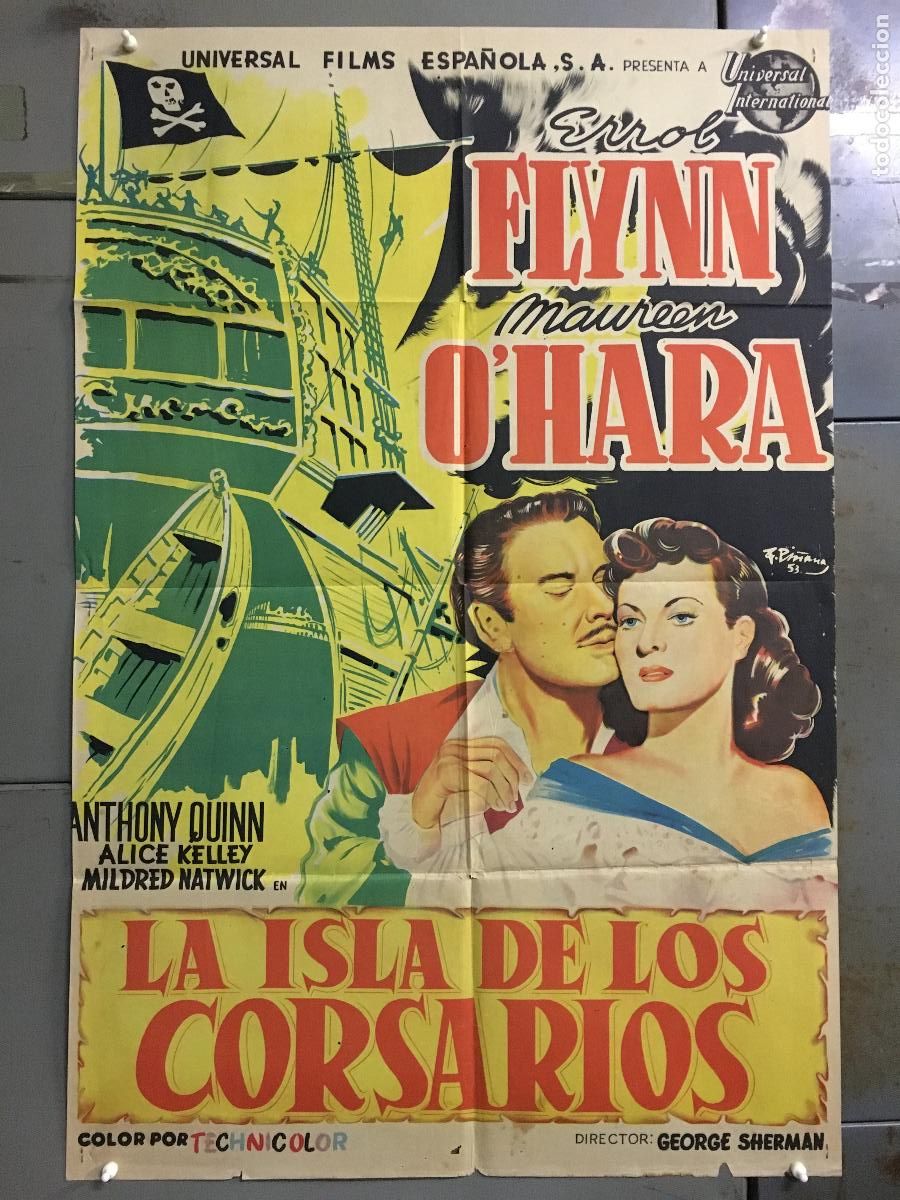 Cine: AFE06 LA ISLA DE LOS CORSARIOS ERROL FLYNN MAUREEN O'HARA POSTER ORIGNAL 70X100 ESTRENO LITOGRAFIA