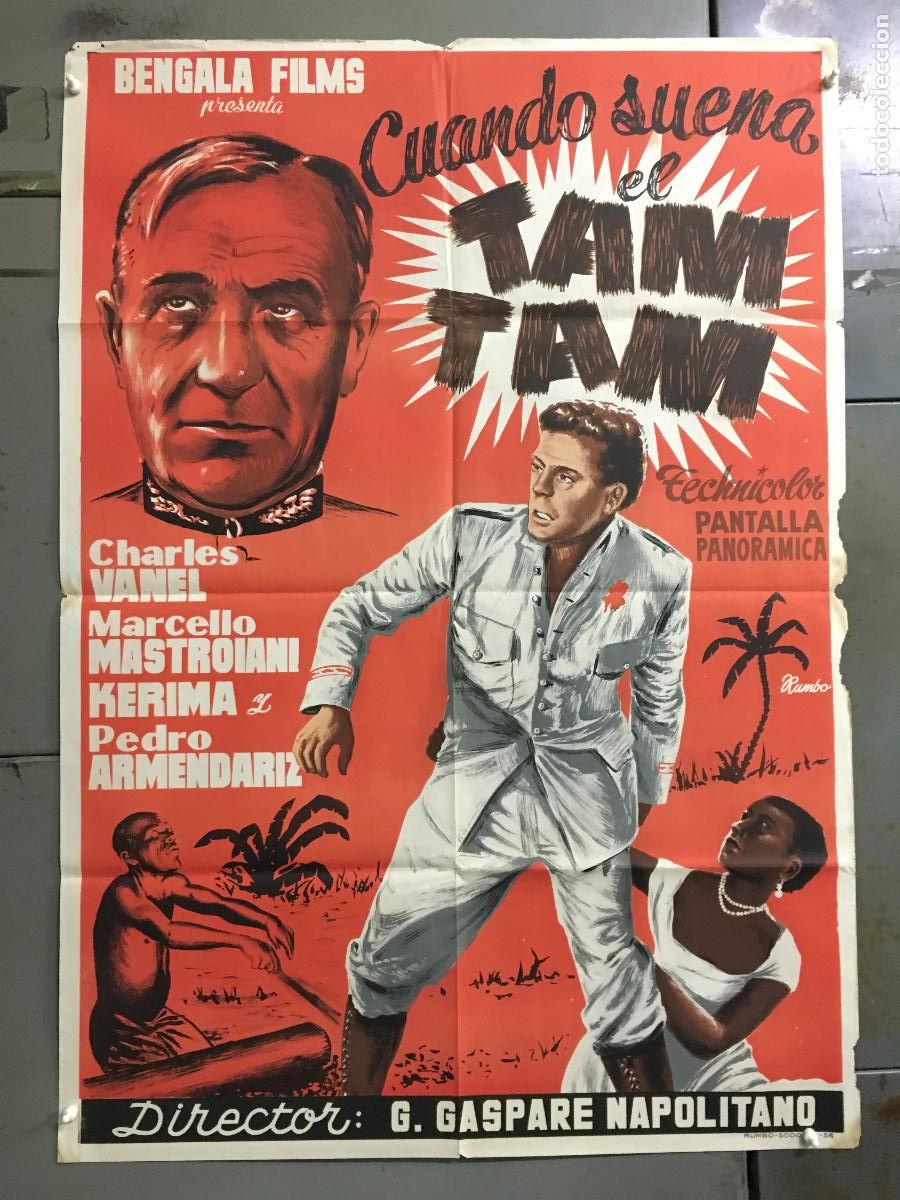 Cin&eacute;ma: AFE29 CUANDO SUENA EL TAM TAM MARCELLO MASTROIANNI BLACK CAST POSTER ORIG 70X100 ESTRENO LITOGRAFIA