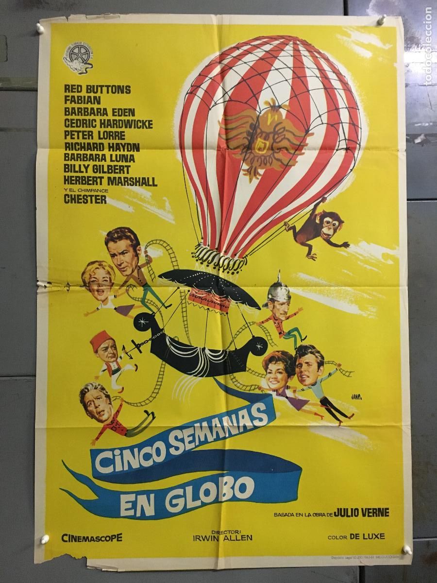 Cine: ODC B965 CINCO SEMANAS EN GLOBO JULIO VERNE IRWIN ALLEN POSTER ORIGINAL 70X100 ESTRENO