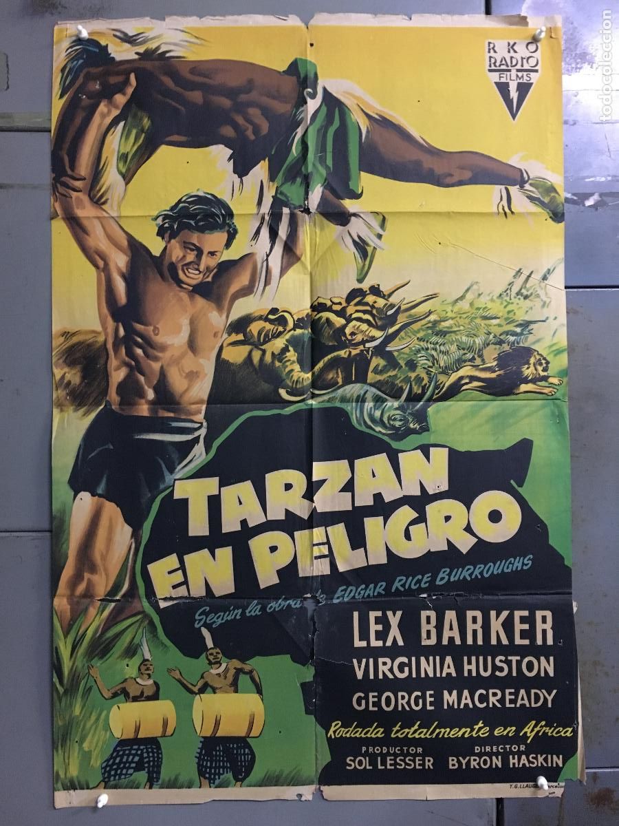 Cine: ODC C000 TARZAN EN PELIGRO LEX BARKER POSTER ORIGINAL 70X100 ESTRENO LITOGRAFIA