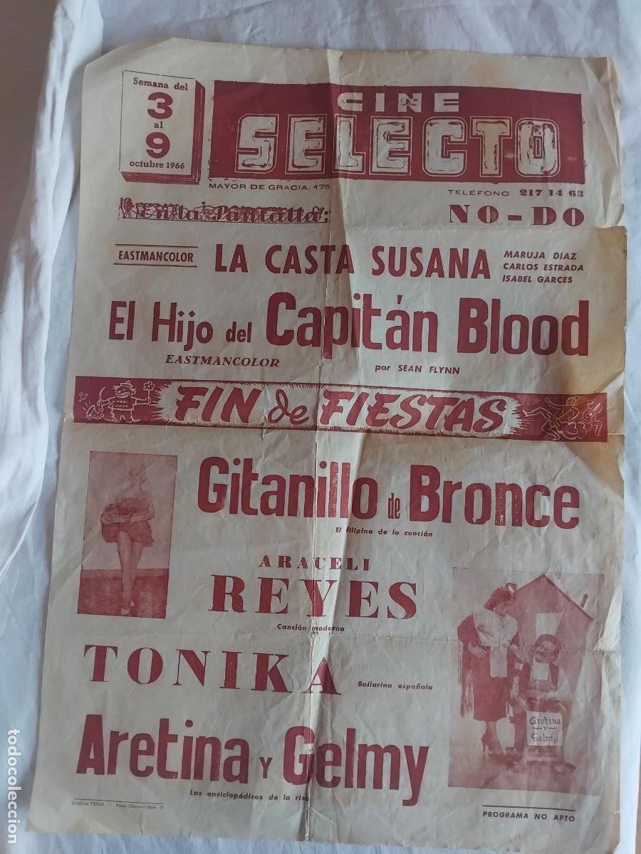 Cine: CARTEL CINE SELECTO. 1966. LA CASTA SUSANA Y EL HIJO DEL CAPITAN BLOOD. 50 X 35 CM.