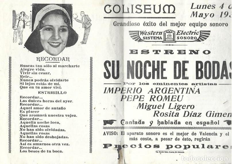 Cinema: CARTEL CINE COLISEUM VALENCIA 1931. SU NOCHE DE BODAS IMPERIO ARGENTINA 22x32 cm doblad