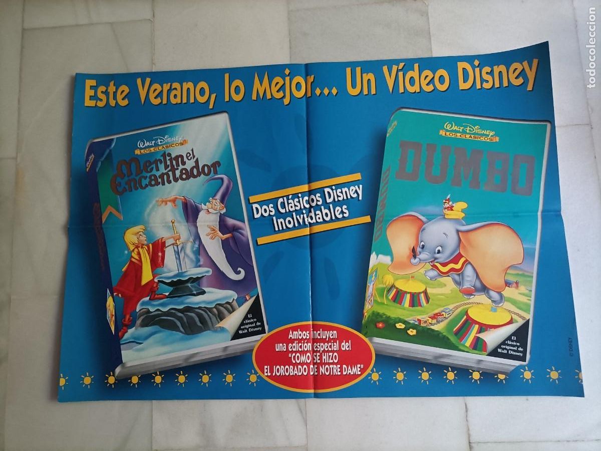 Cine: POSTER ORIGINAL WALT DISNEY. DE LAS PEL&Iacute;CULAS, DUMBO Y MERLIN EL ENCANTADOR. 100X70 CM.