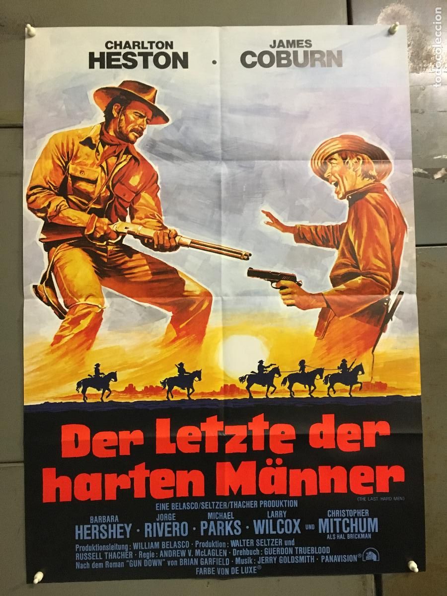 Cine: AFG36 LOS ULTIMOS HOMBRES DUROS CHARLTON HESTON JAMES COBURN POSTER ORIGINAL ALEMAN 60X84 h0