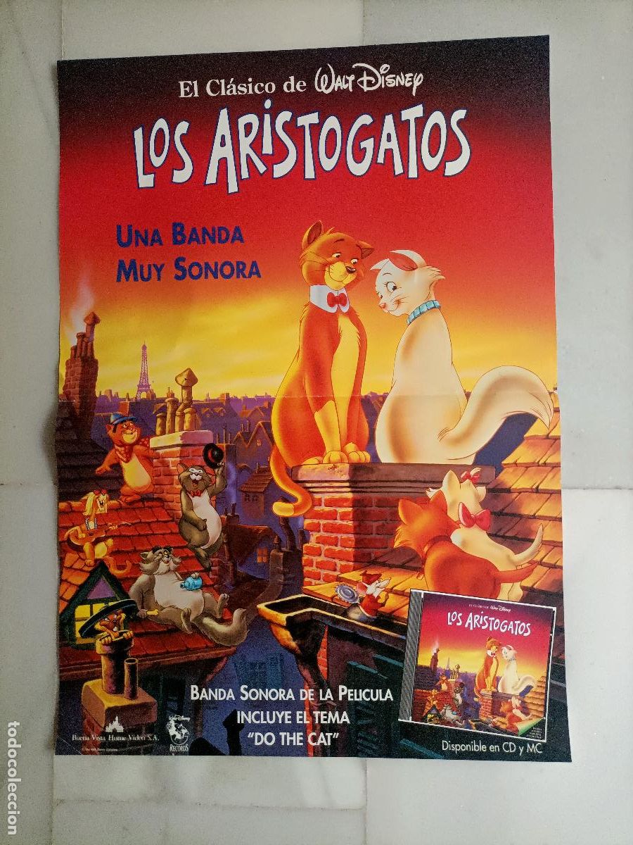 Cine: POSTER ORIGINAL WALT DISNEY. DE LA BANDA SONORA DE LA PEL&Iacute;CULA LOS ARISTOGATOS, &Uacute;NICO A VENTA