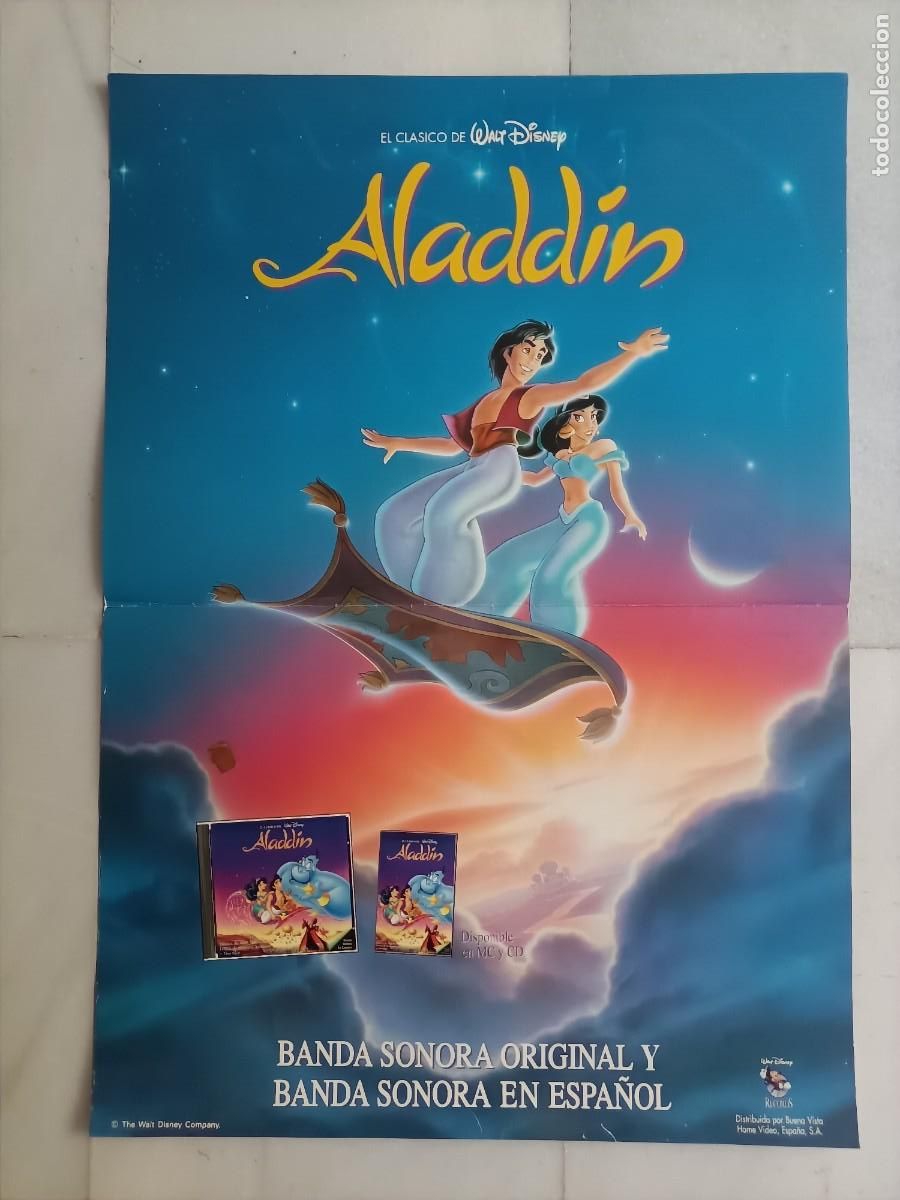 Cine: POSTER ORIGINAL WALT DISNEY. DE LA BANDA SONORA DE LA PEL&Iacute;CULA, ALADD&Iacute;N, 68 X 48 CM.