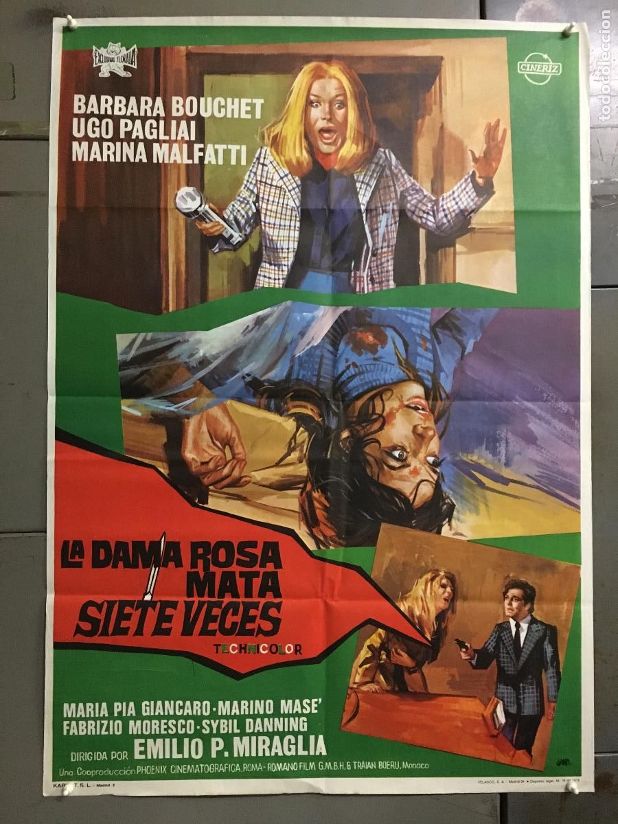 Cinema: AFH16 LA DAMA ROSA MATA SIETE VECES GIALLO BARBARA BOUCHET POSTER ORIGINAL 70X100 ESTRENO h0