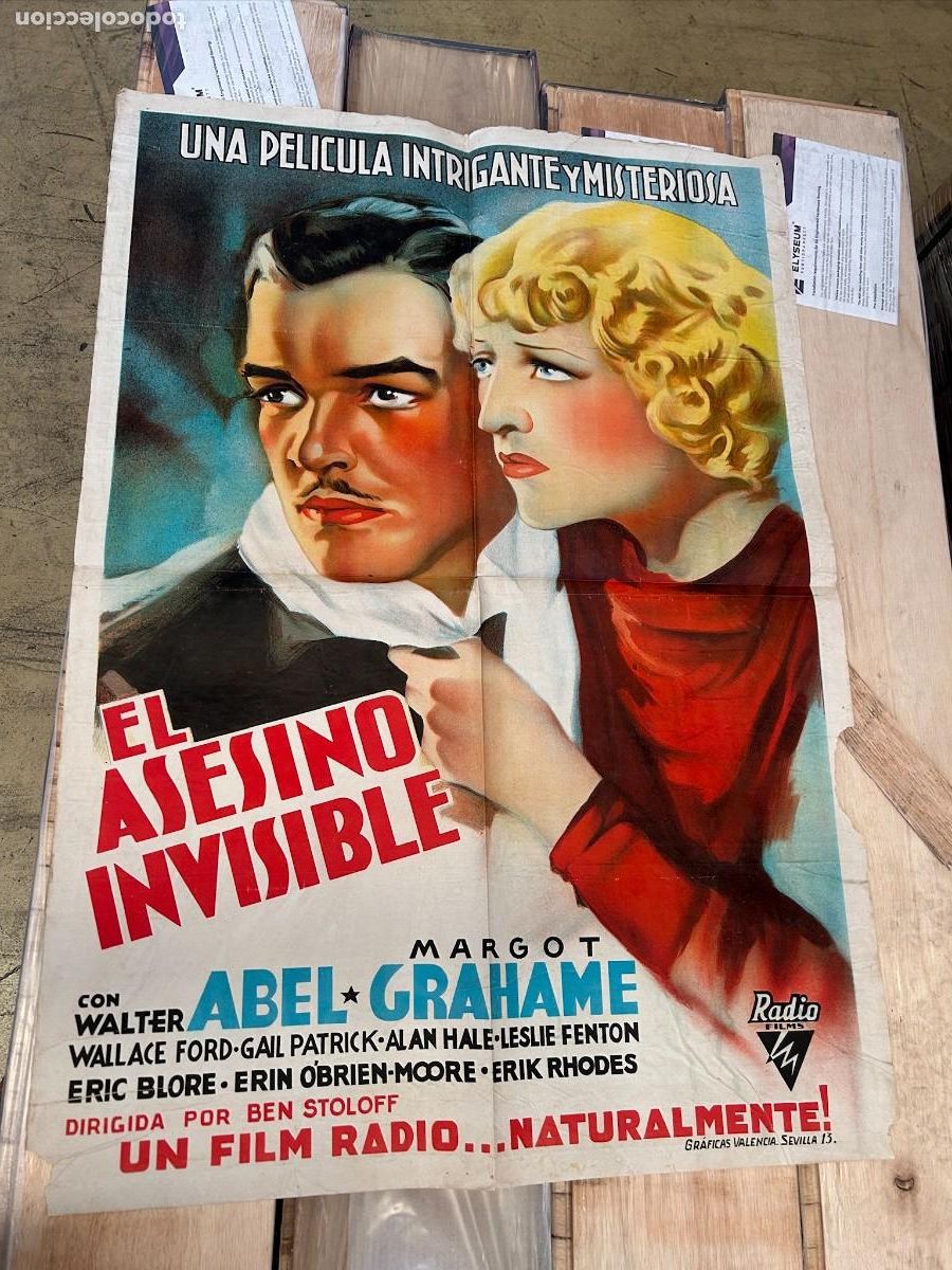 Cine: EL ASESINO INVISIBLE CARTEL 1,00X0,70M EN ALGUNOS PONE TINTAS Y AUTOR MAQUETA ORIGINAL