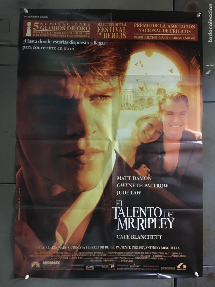 Cine: AFA16 EL TALENTO DE MR RIPLEY GWYNETH PALTROW JUDE LAW MATT DAMON POSTER ORIGINAL ESTRENO 70X100 h2