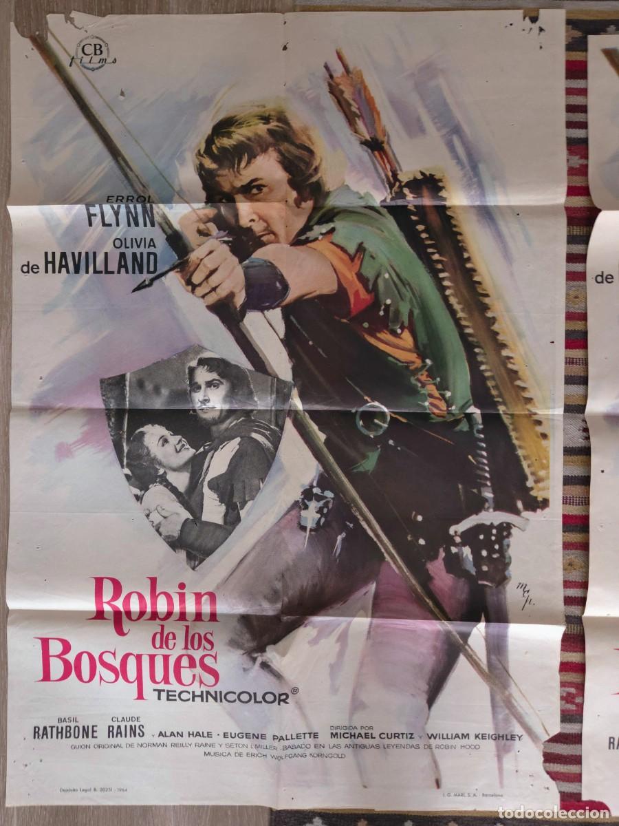 Cine: Lote 2 Carteles Orig. ROBIN DE LOS BOSQUES (Reestreno 1964) Errol Flynn. P&aacute;tina de Sala.