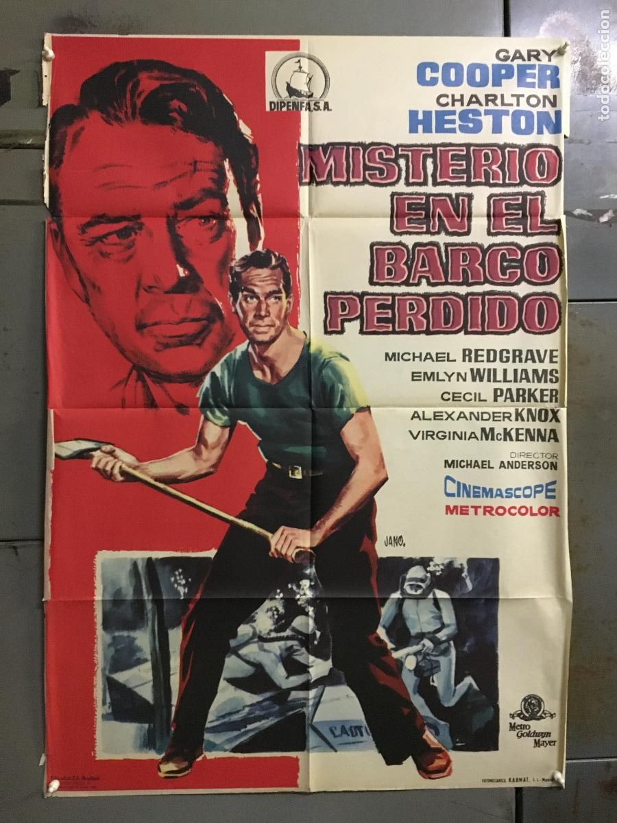 Cinema: AFJ70 MISTERIO EN EL BARCO PERDIDO GARY COOPER CHARLTON HESTON POSTER ORIGINAL 70X100 ESTRENO