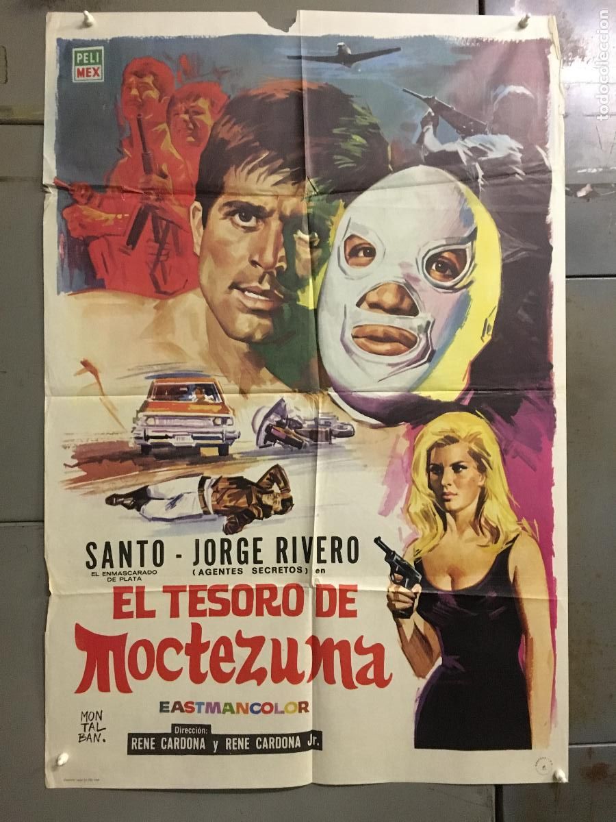 Cinema: AFJ71 SANTO EL TESORO DE MOCTEZUMA enmascarado de plata MONTALBAN POSTER ORIGINAL 70X100 ESTRENO