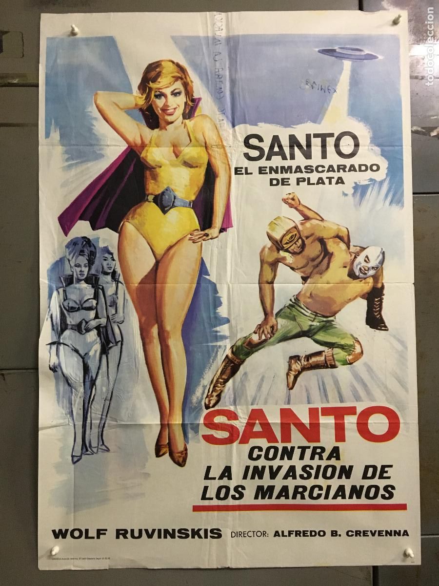 Cine: AFK07 SANTO CONTRA LA INVASION DE LOS MARCIANOS ENMASCARADO DE PLATA POSTER ORIGINAL 70X100 ESTRENO