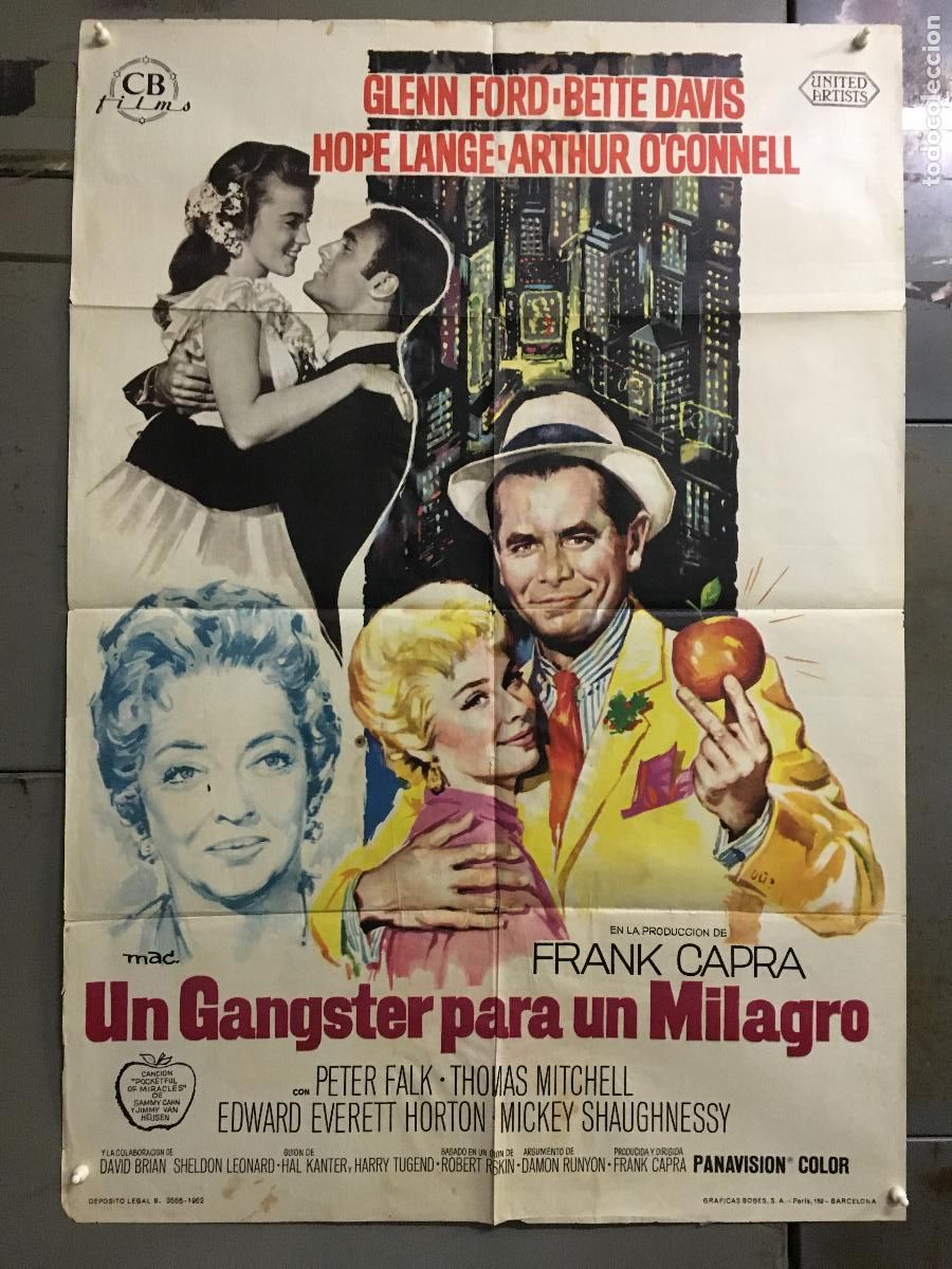 Cine: AFK43 UN GANGSTER PARA UN MILAGRO FRANK CAPRA GLENN FORD BETTE DAVIS MAC POSTER ORIG ESTRENO 70X100