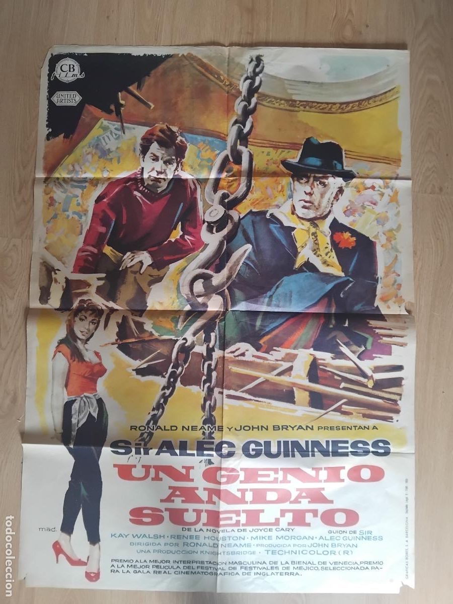 Cine: CARTEL DE CINE. UN GENIO ANDA SUELTO ALEC GUINNESS 100 X 70 cm.