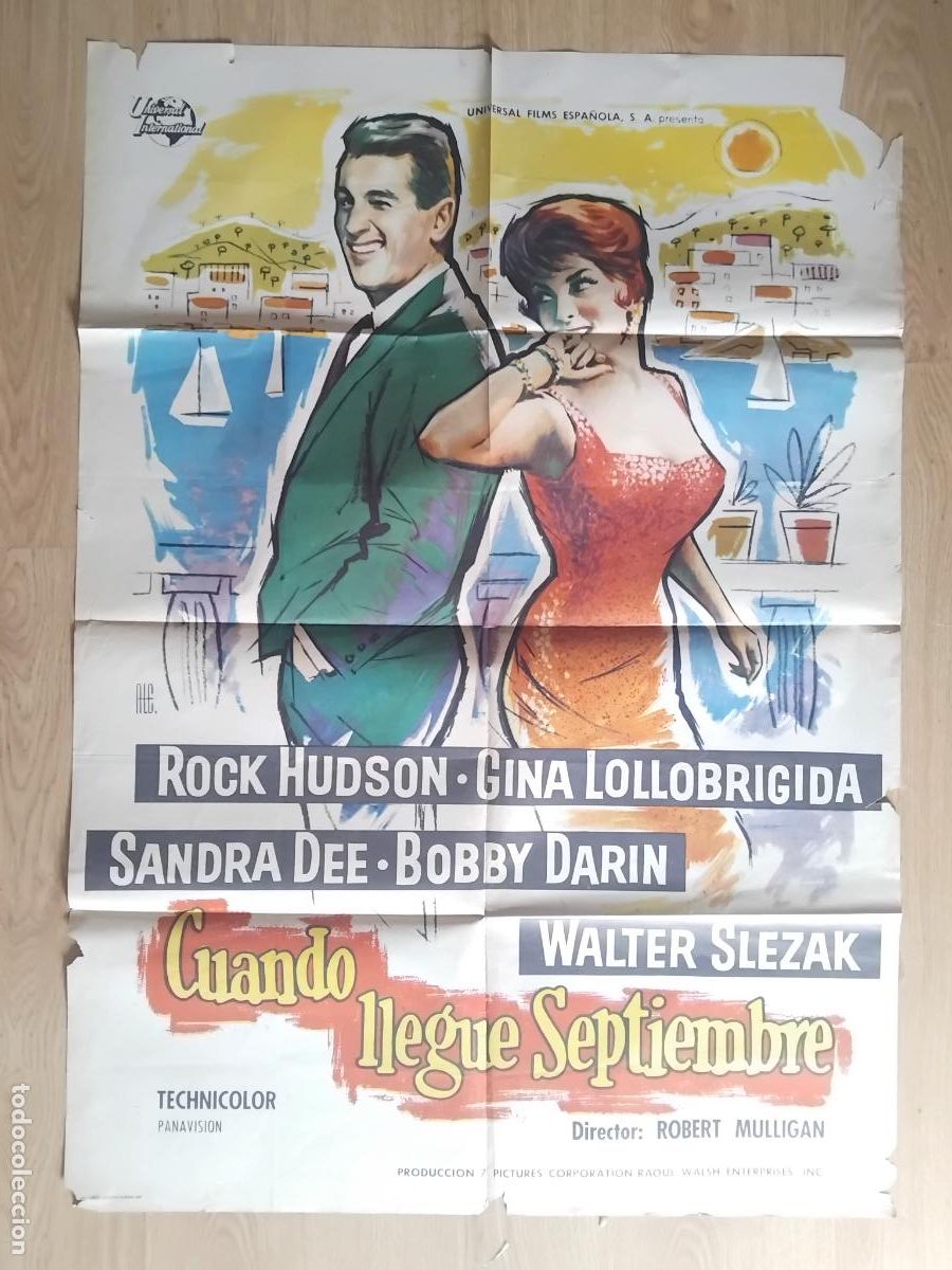 Cine: CARTEL DE CINE CUANDO LLEGUE SEPTIEMBRE GINA LOLLOBRIGIDA ROCK HUDSON 100 X 70 cm.