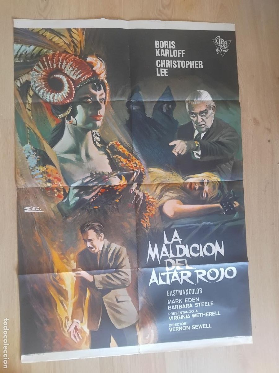 Cine: CARTEL DE CINE LA MALDICION DEL ALTAR ROJO BORIS KARLOFF CRISTOPHER LEE 100 X 70 CM.
