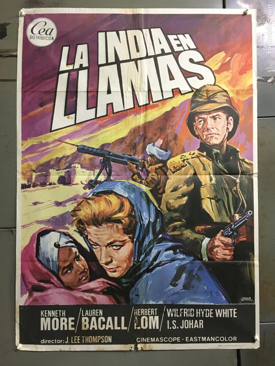 Cine: ODC C357 LA INDIA EN LLAMAS LAUREN BACALL KENNETH MORE POSTER ORIGINAL 70X100 ESPA&Ntilde;OL R-75