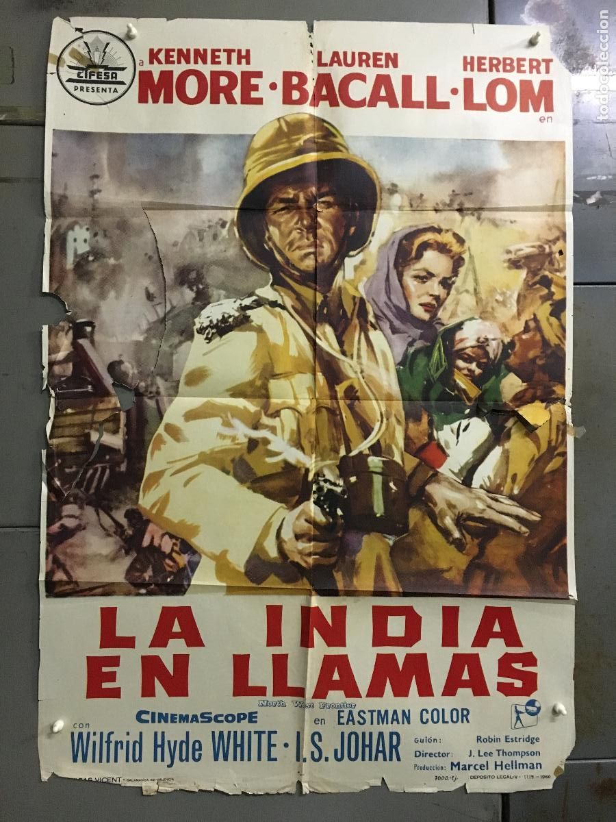 Cine: ODC C360 LA INDIA EN LLAMAS LAUREN BACALL KENNETH MORE CIFESA POSTER ORIGINAL 70X100 ESTRENO