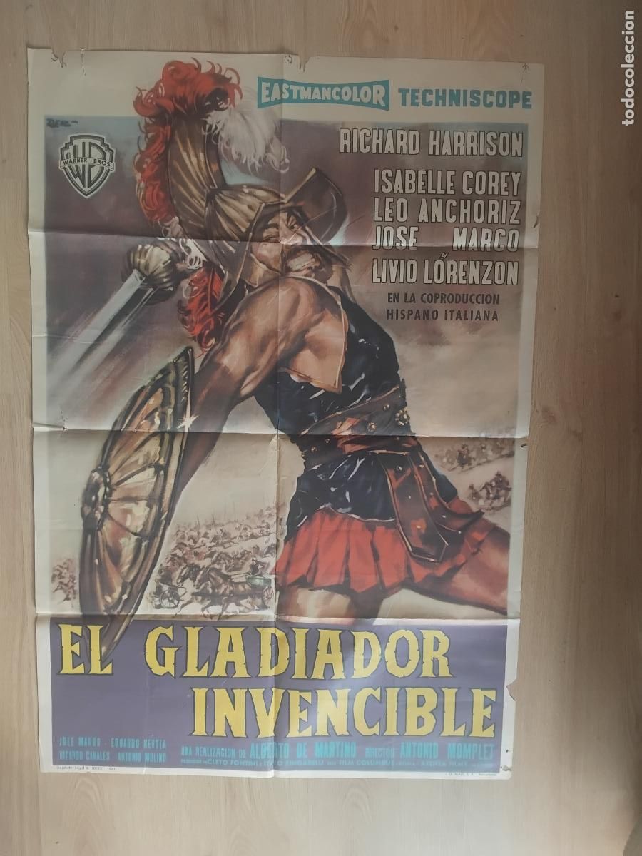 Cine: EL GLADIADOR INVENCIBLE RICHARD HARRISON ISABEL COREY. CARTEL DE CINE POSTER ORIGINAL. 100 X 70 CM.