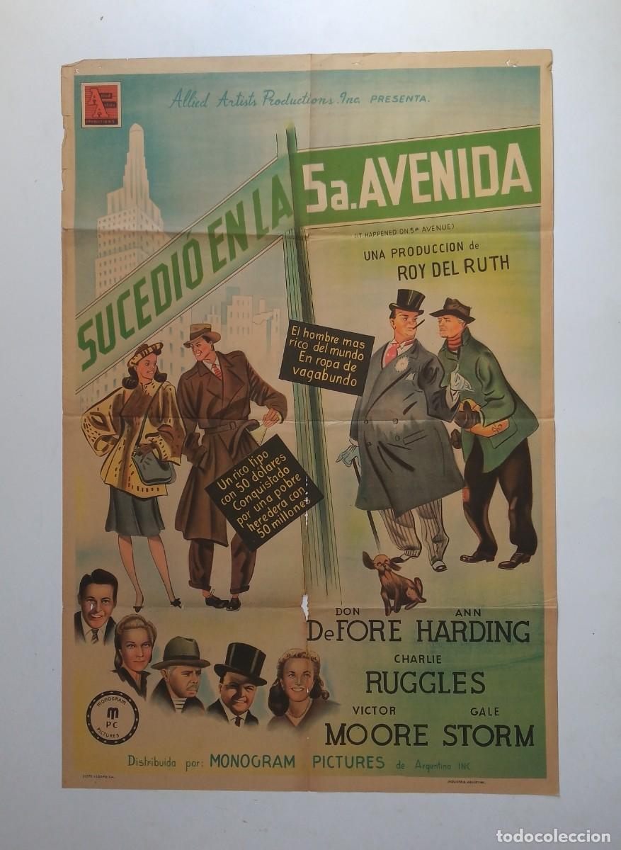 Cine: SUCEDIO EN LA 5&ordf; AVENIDA (1947) cartel argentino 75 x 110 litografico ROY DEL RUTH
