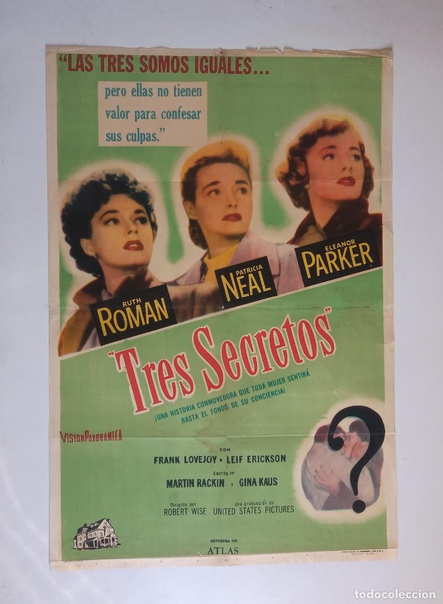 Cine: TRES SECRETOS (1950) cartel argentino 75 x 110 litografico ROBERT WISE RUTH ROMAN ELEANOR PARKER