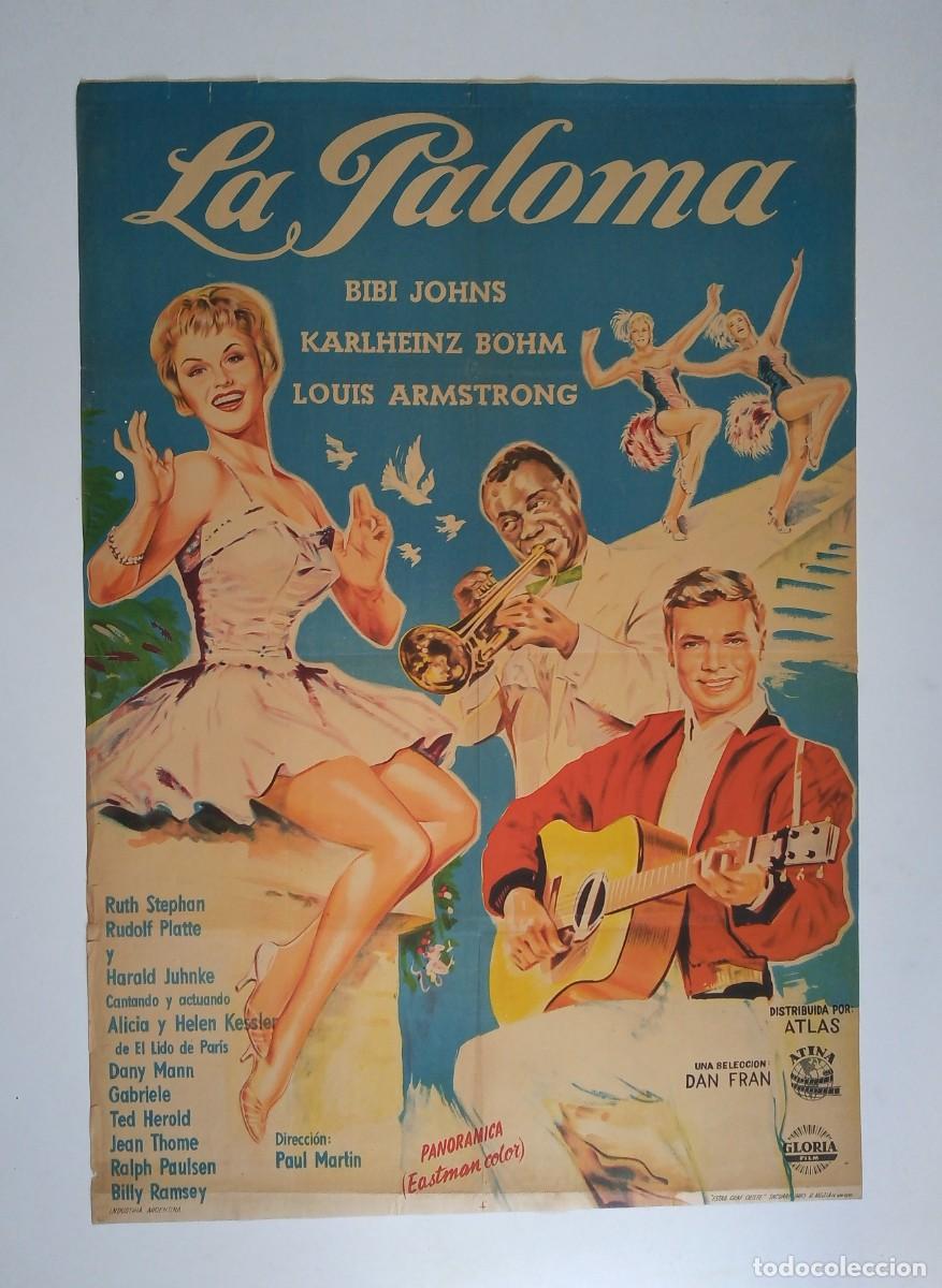 Cine: LA PALOMA (1959) cartel argentino 75 x 110 litografico LOUIS ARMSTRONG SATCHMO trompeta jazz