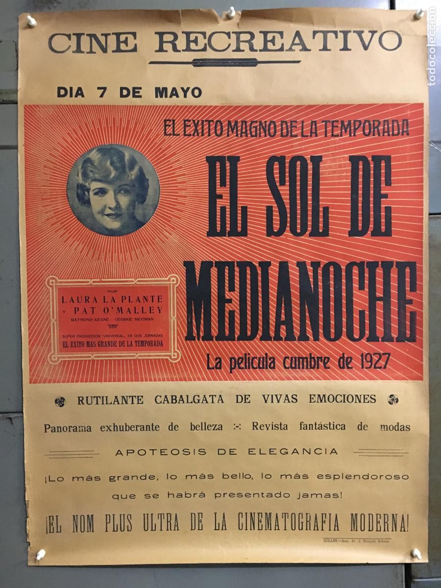 Cine: R0381 EL SOL DE MEDIANOCHE LAURA LA PLANTE PAT O'MALLEY POSTER ORIGINAL 66X90 ESTRENO