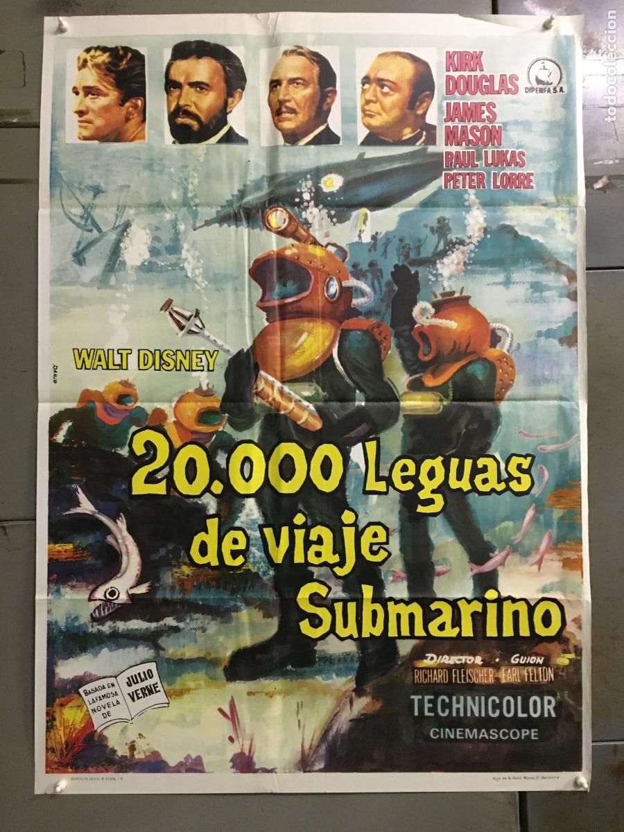 Cine: AFO43 20000 LEGUAS DE VIAJE SUBMARINO WALT DISNEY JULIO VERNE POSTER ORIGINAL 70X100 ESPA&Ntilde;OL