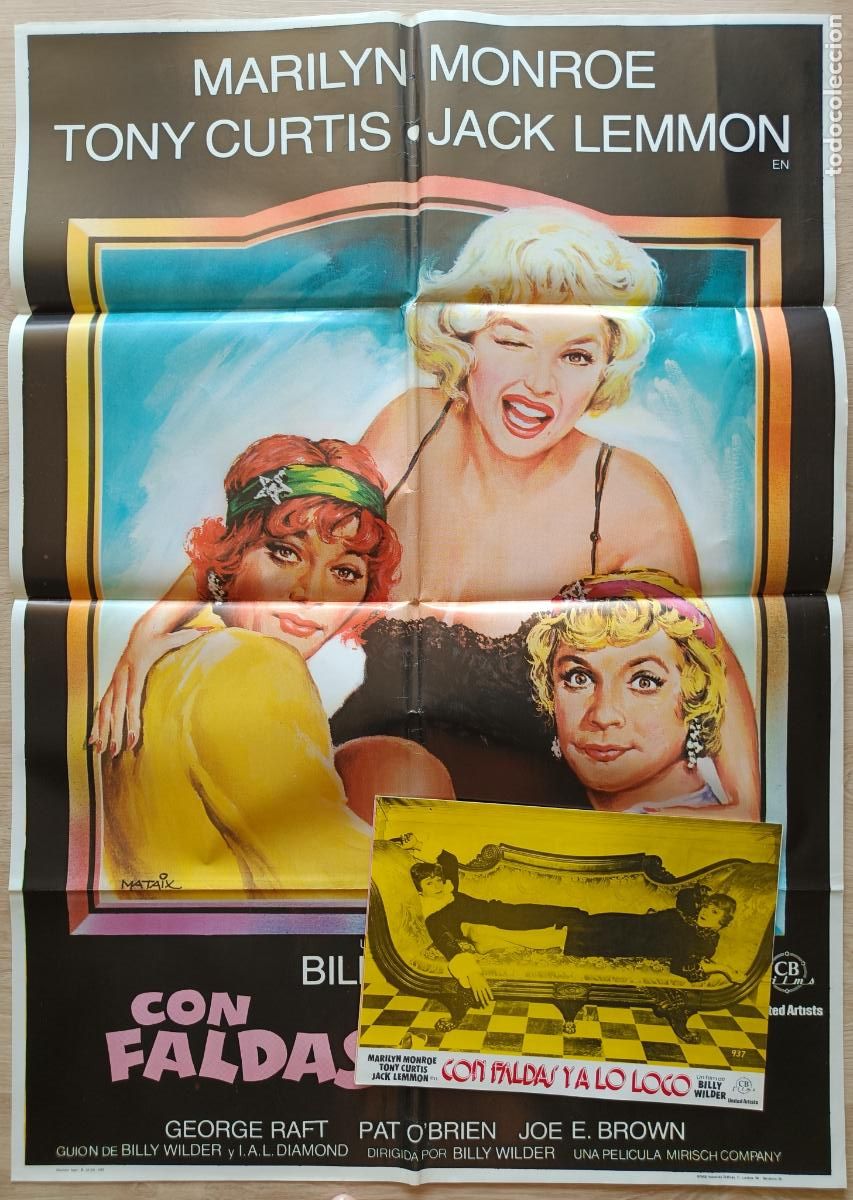 Cin&eacute;ma: CARTEL CINE + 12 FOTOCROMOS CON FALDAS Y A LO LOCO MARILYN MONROE TONY CURTIS MATAIX 1983 CCF444