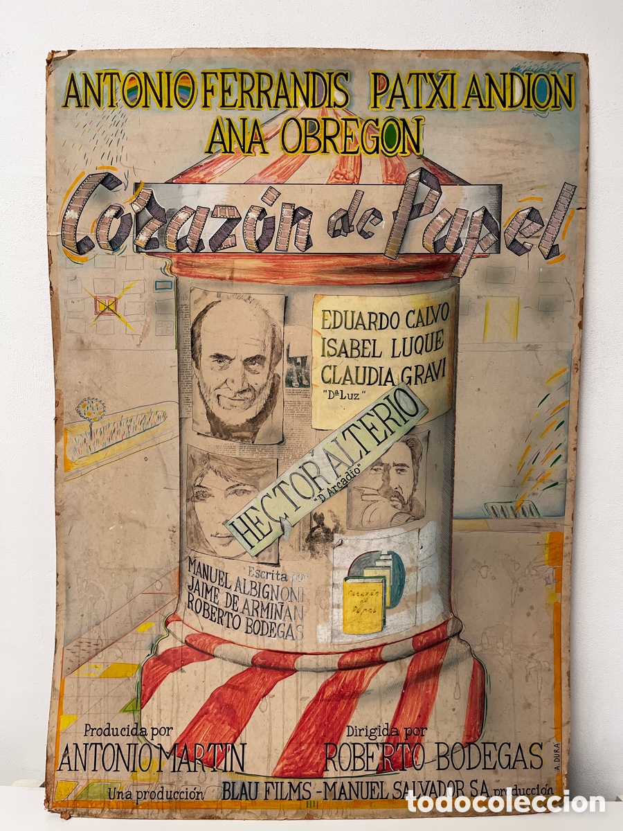 Cine: Cartel de cine dibujo original a tinta, boceto pel&iacute;cula Coraz&oacute;n de Papel. 1982.