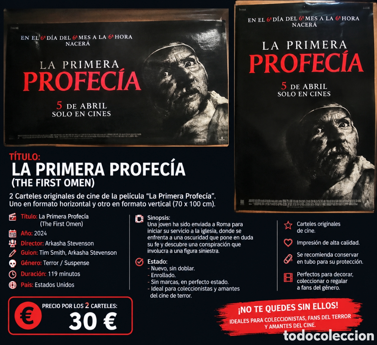 Cine: 2 CARTELES ORIGINALES DE CINE LA PRIMERA PROFEC&Iacute;A (2024) &ndash; 1 HORIZONTAL + 1 VERTICAL 70x100 CM &ndash; NUE