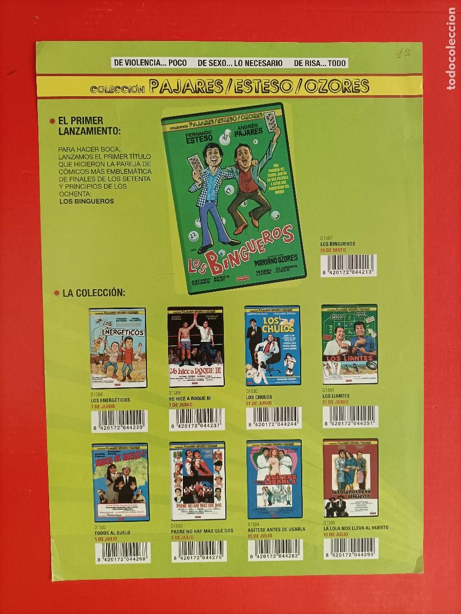 Cine: CARTEL CAT&Aacute;LOGO DE LA COLECCI&Oacute;N DE LAS PEL&Iacute;CULAS DE PAJARES Y ESTESO. A DOBLE CARA 30X21CM
